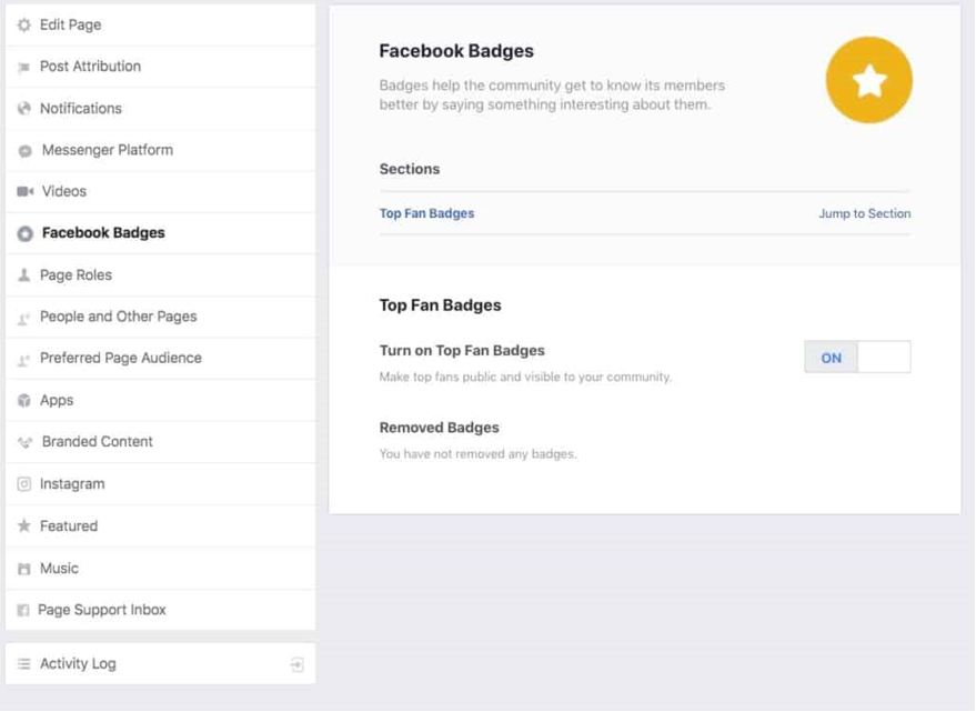 Image of how to turn on the Facebook Top Fan Badge on your Page.